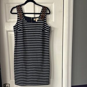 Michael Kors White and Blue Sleeveless Sheath Mini Dress